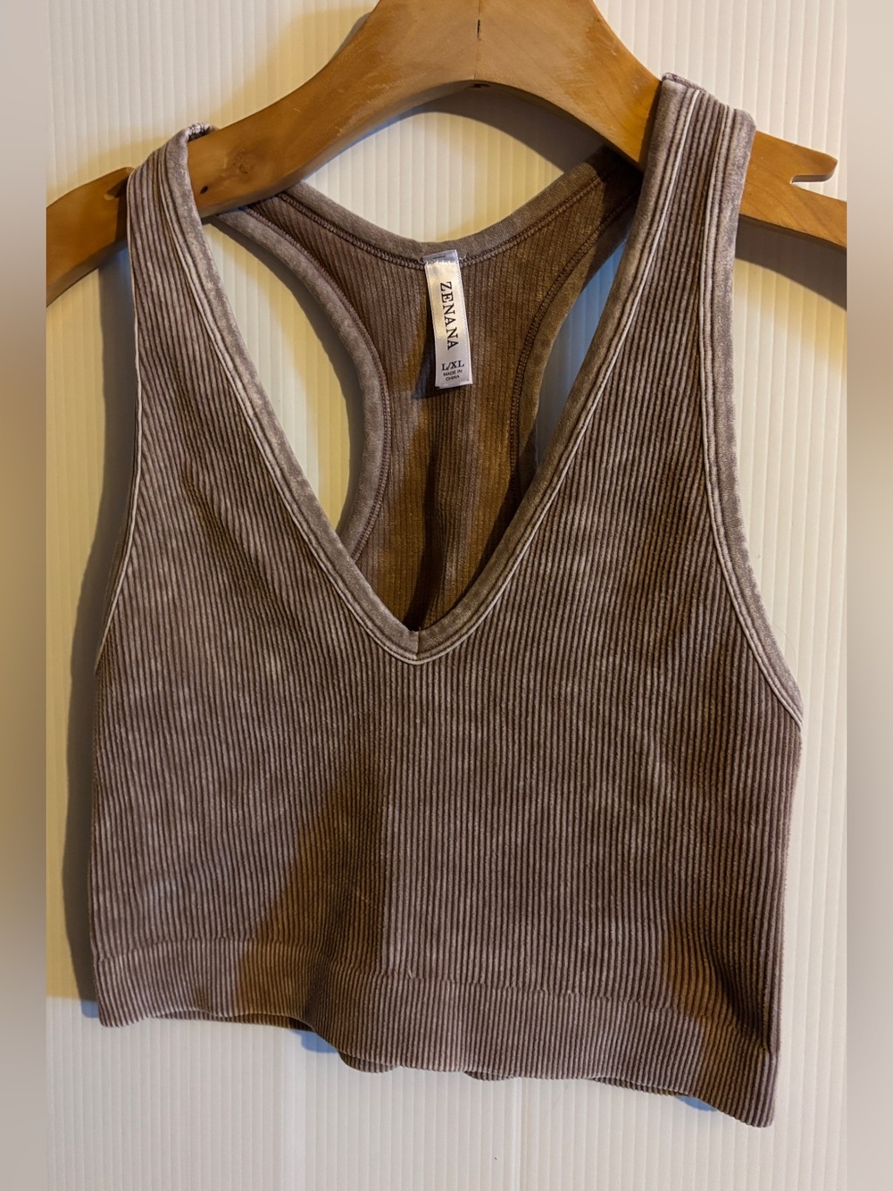 Zenana Outfitters Ribbed V-Neck Racerback Crop Top - Taupe